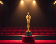 Oscar statuette with digital glitch effect representing AI-generated actors ineligible for Oscars under new Academy rules.