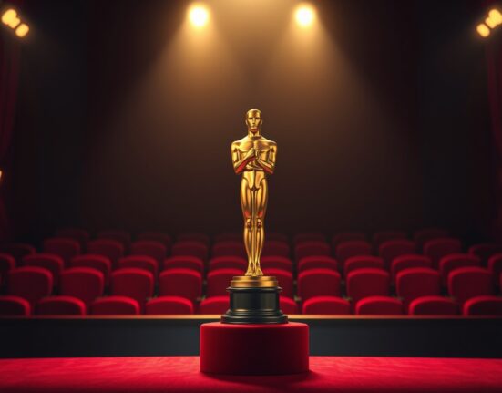 Oscar statuette with digital glitch effect representing AI-generated actors ineligible for Oscars under new Academy rules.
