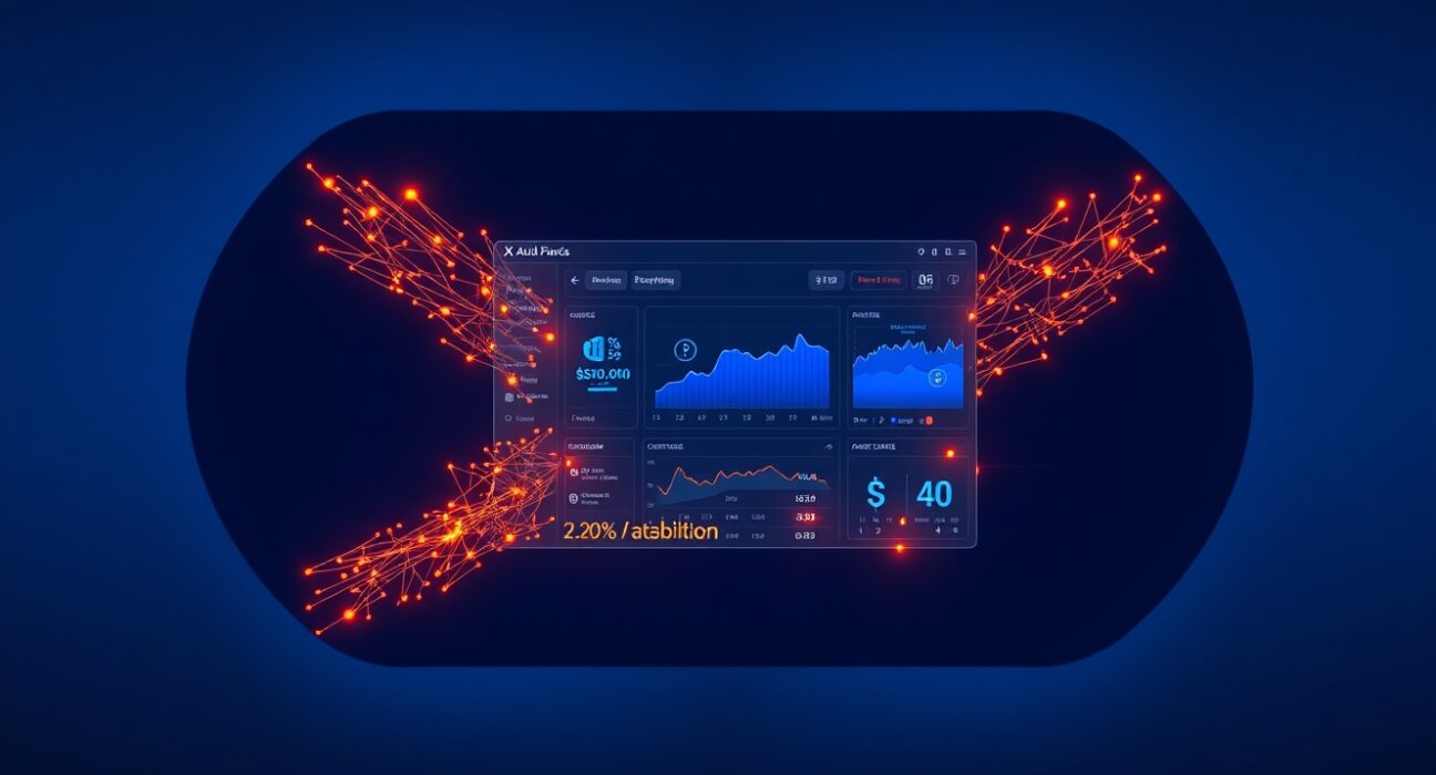 AI ad platform dashboard with glowing neural network nodes forming a bird shape representing X's new advertising technology
