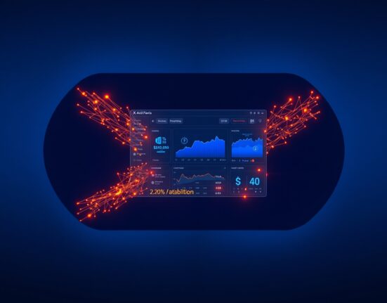 AI ad platform dashboard with glowing neural network nodes forming a bird shape representing X's new advertising technology