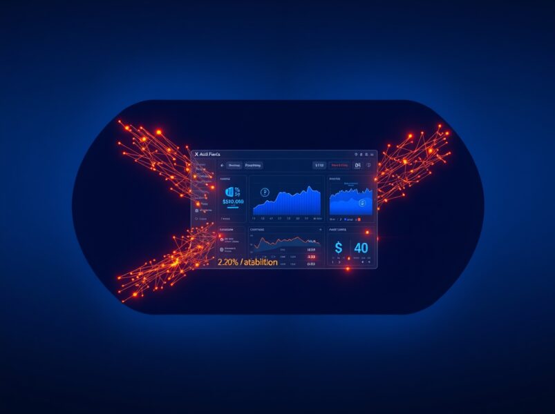 AI ad platform dashboard with glowing neural network nodes forming a bird shape representing X's new advertising technology