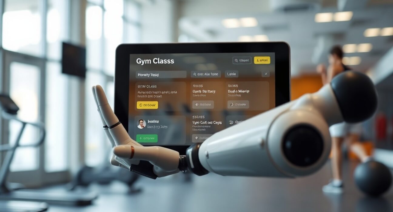 AI robot hand interacting with a gym booking screen, illustrating the OpenClaw gym reservation hack.