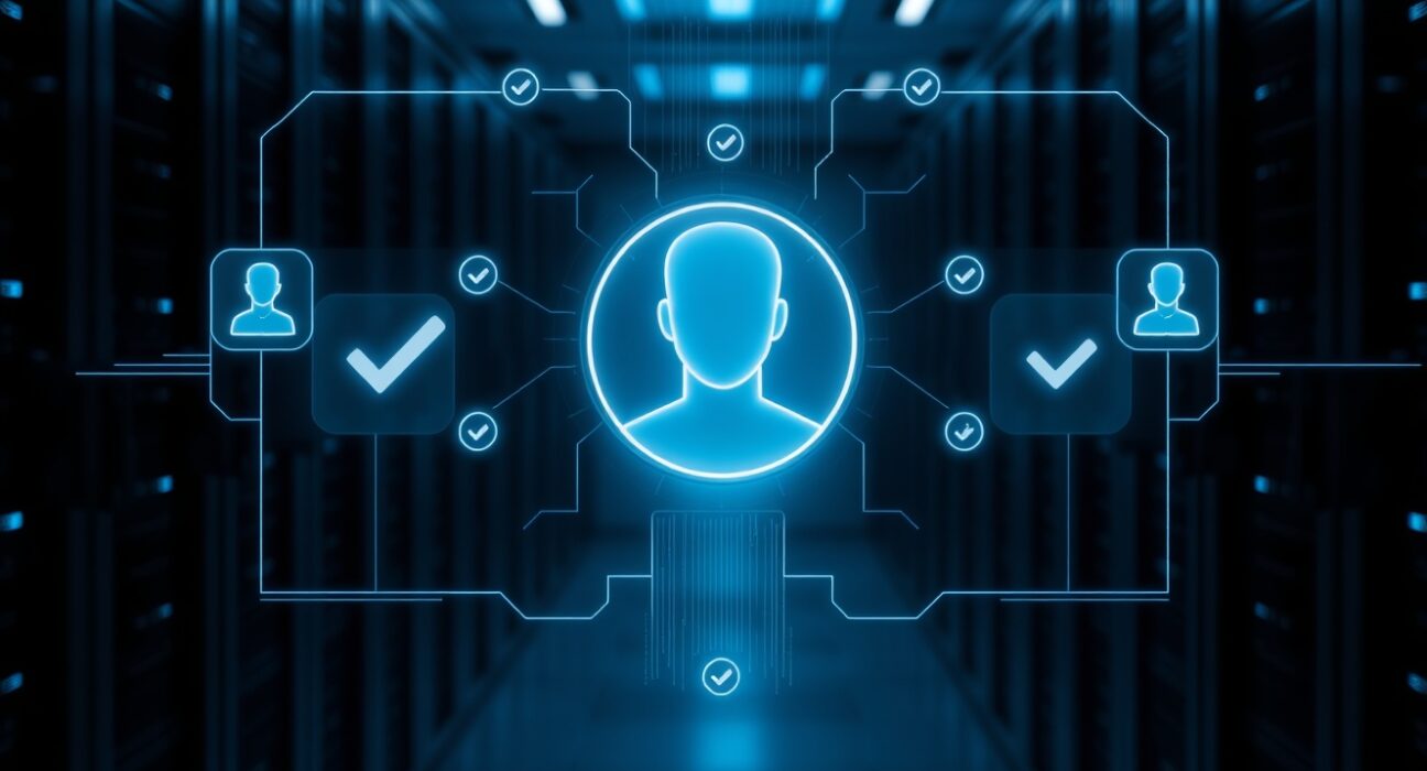 Digital interface showing verified AI agent profiles and encrypted data streams in a server room.
