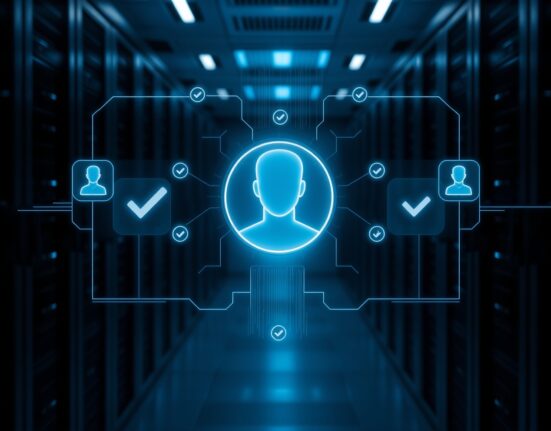 Digital interface showing verified AI agent profiles and encrypted data streams in a server room.