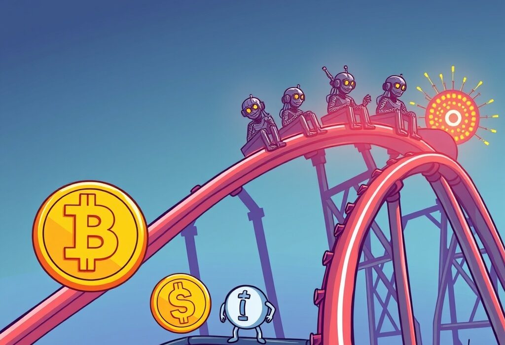 A cartoon depicting the journey of AI agent tokens, showing faded hype but ongoing technological development in the crypto space.