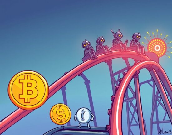 A cartoon depicting the journey of AI agent tokens, showing faded hype but ongoing technological development in the crypto space.