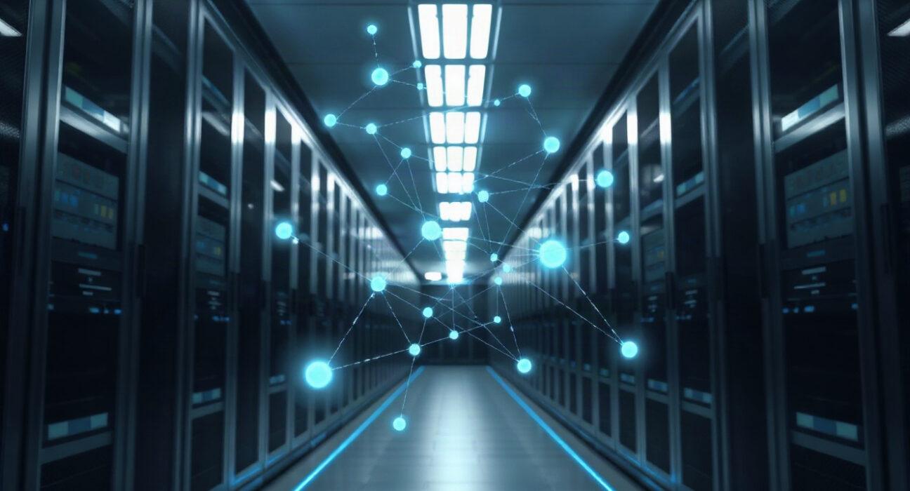 AI agents processing transactions through a data center network, representing the x402 protocol