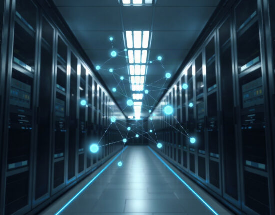 AI agents processing transactions through a data center network, representing the x402 protocol