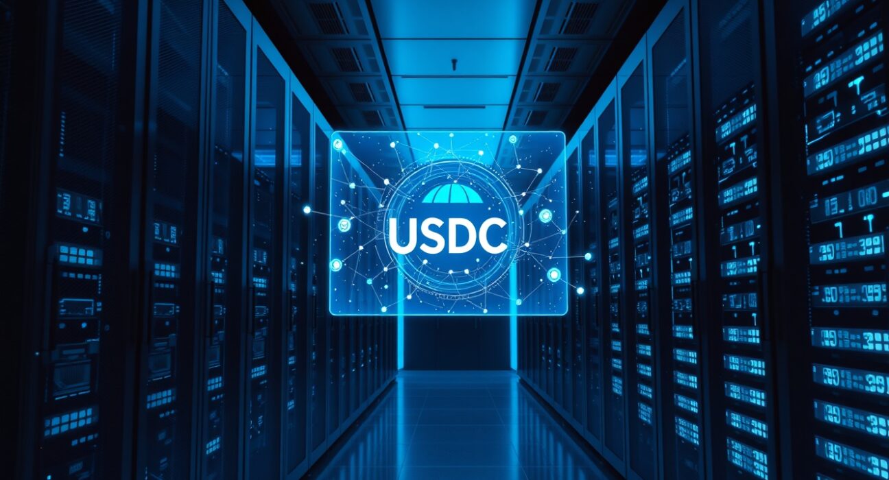 Futuristic server room with holographic display showing AI transaction network and USDC payments.