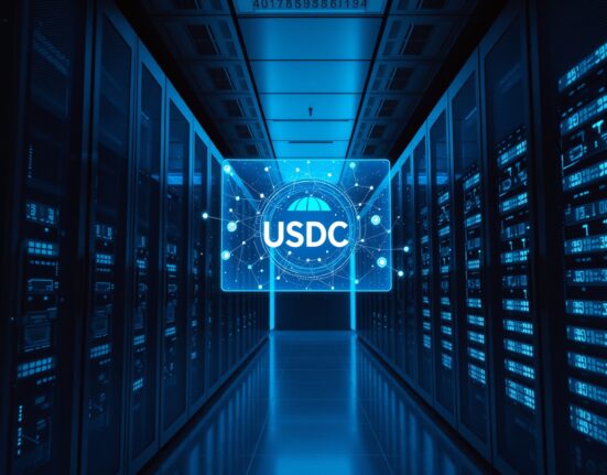 Futuristic server room with holographic display showing AI transaction network and USDC payments.