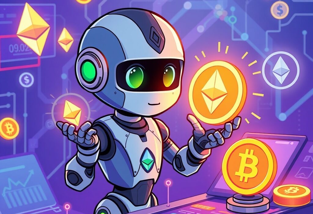 A cartoon AI agent facilitates seamless stablecoin transfers on the Ethereum network, symbolizing the future of automated blockchain e-commerce.