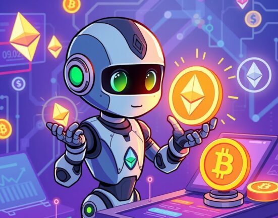 A cartoon AI agent facilitates seamless stablecoin transfers on the Ethereum network, symbolizing the future of automated blockchain e-commerce.