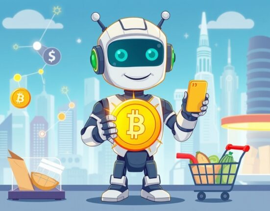 A cartoon AI robot seamlessly executing a purchase with digital currency, illustrating the future impact of AI agents stablecoins on everyday transactions.