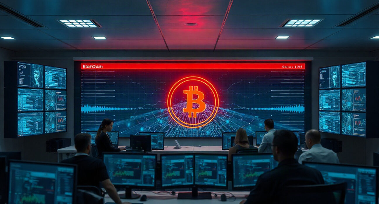 Security analysts monitoring blockchain network in a command center, representing AI-driven cyber threats.