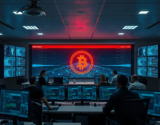 Security analysts monitoring blockchain network in a command center, representing AI-driven cyber threats.