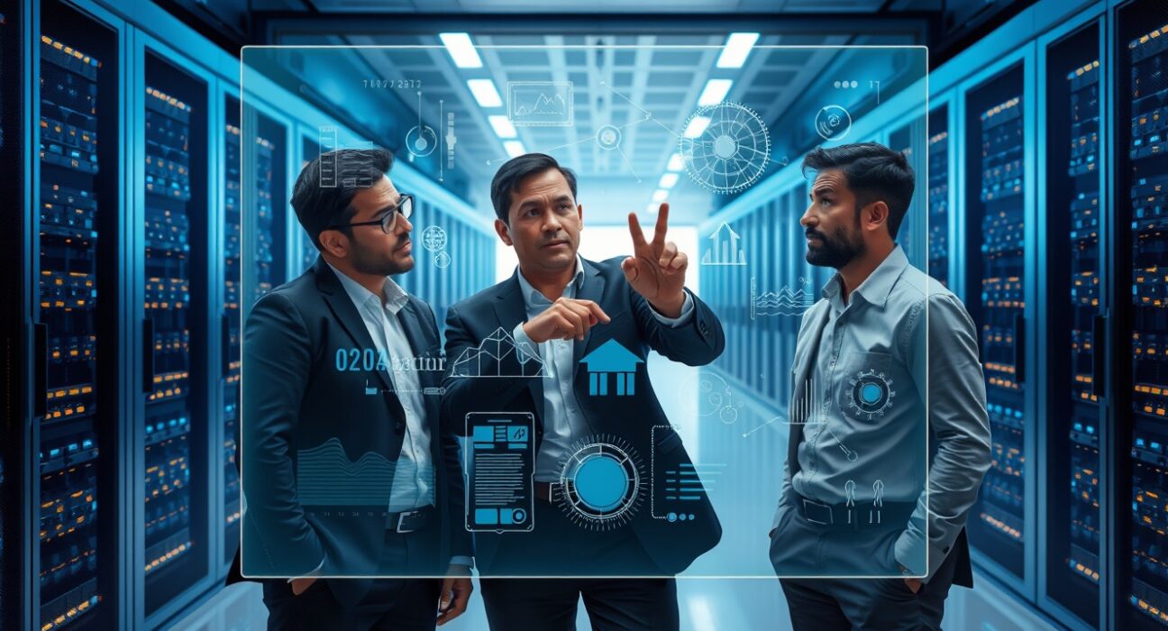 Technology professionals analyzing AI infrastructure data visualizations in a modern data center control room, representing the AI anxiety gap discussion.