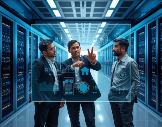 Technology professionals analyzing AI infrastructure data visualizations in a modern data center control room, representing the AI anxiety gap discussion.