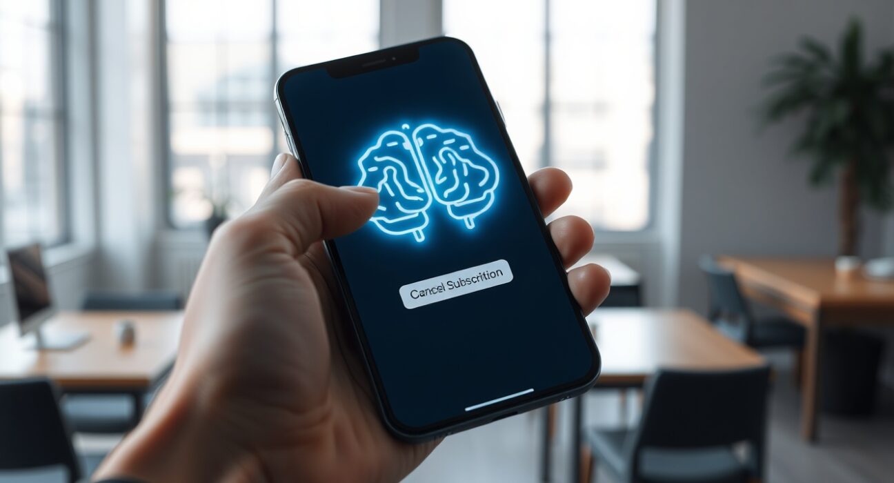 Smartphone showing AI app subscription cancellation, illustrating the AI app retention challenge.