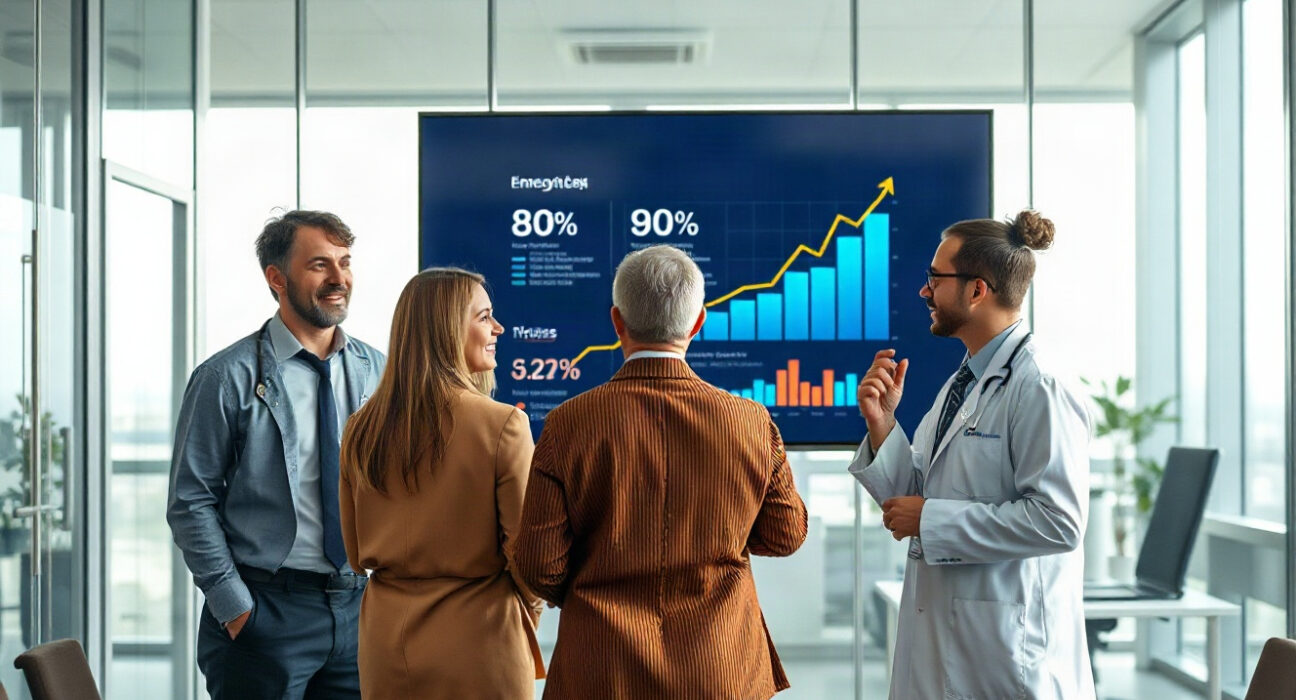 Professionals from various sectors reviewing AI-driven data on a screen in a modern office