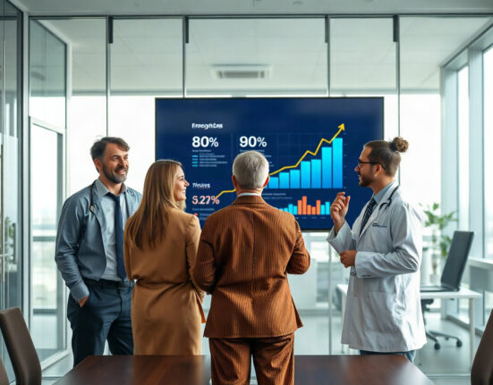 Professionals from various sectors reviewing AI-driven data on a screen in a modern office