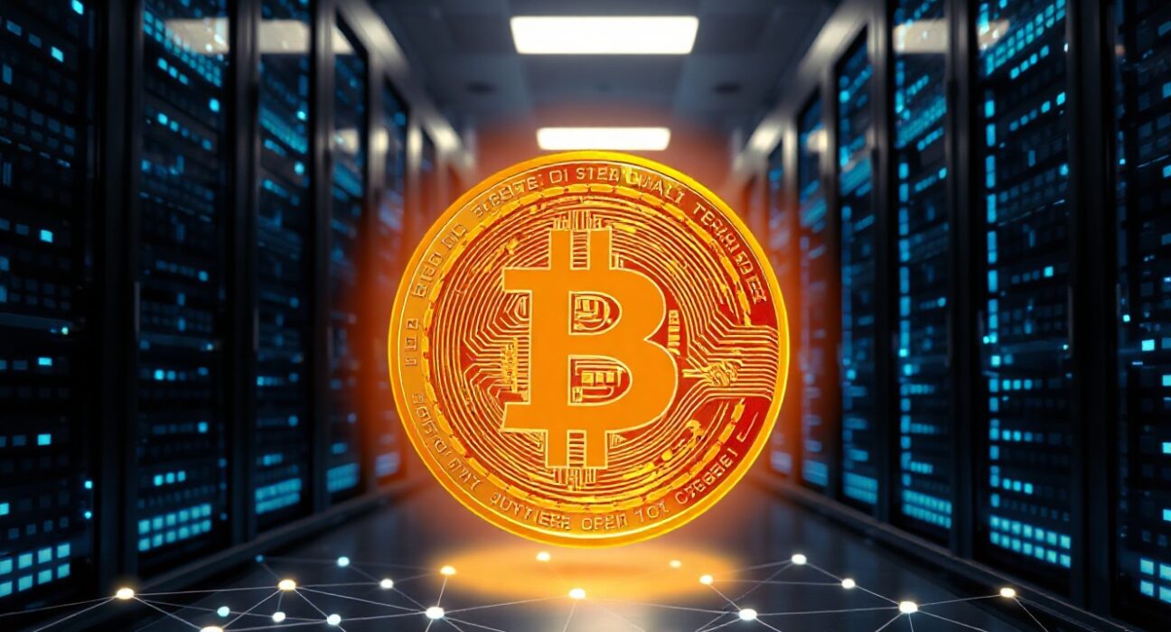 AI data center servers with a glowing stablecoin symbol and blockchain network visualization in the foreground