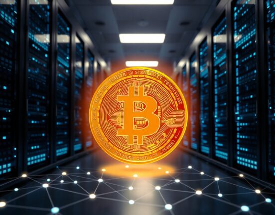 AI data center servers with a glowing stablecoin symbol and blockchain network visualization in the foreground