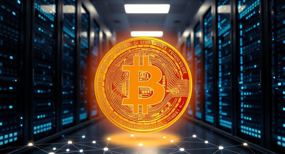 AI data center servers with a glowing stablecoin symbol and blockchain network visualization in the foreground