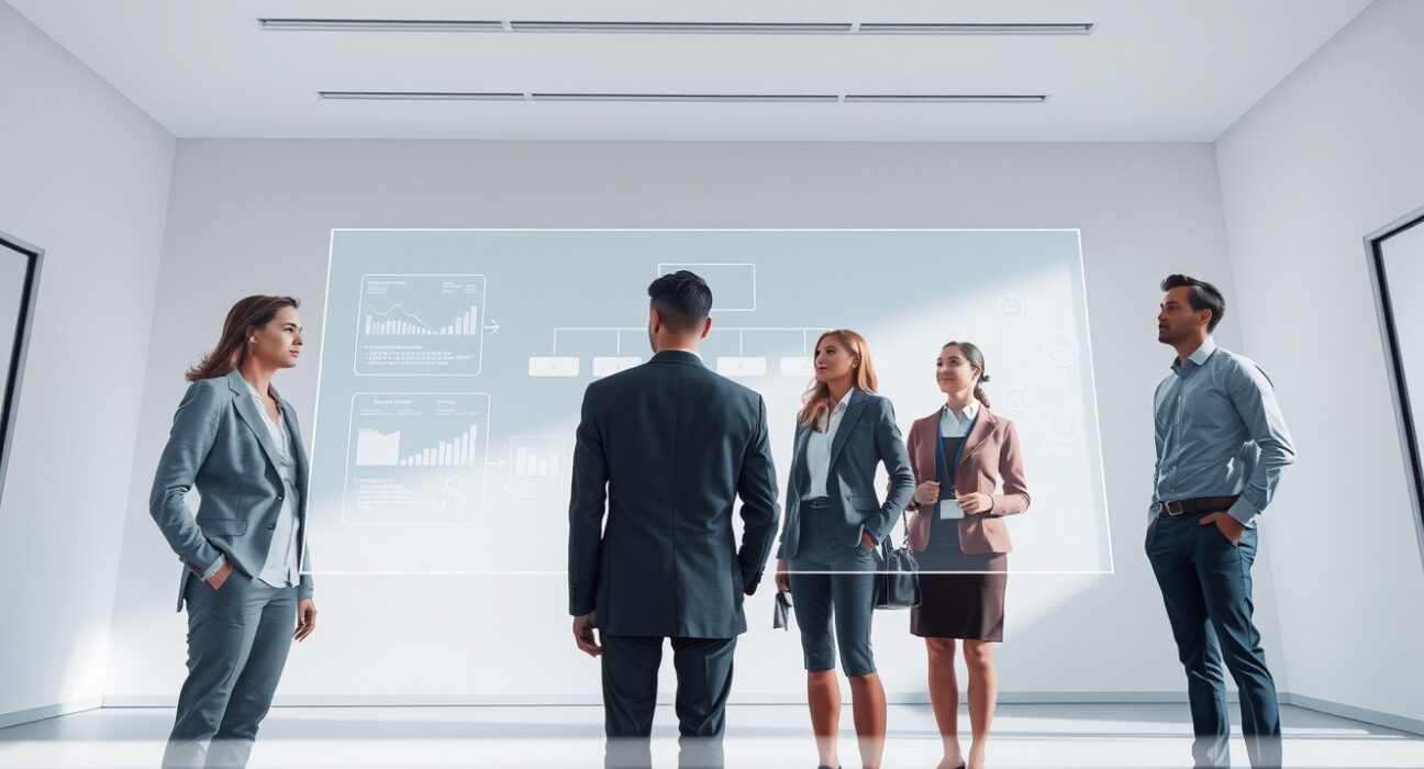 Professionals in an office considering a holographic AI management interface, representing the poll on algorithmic bosses.