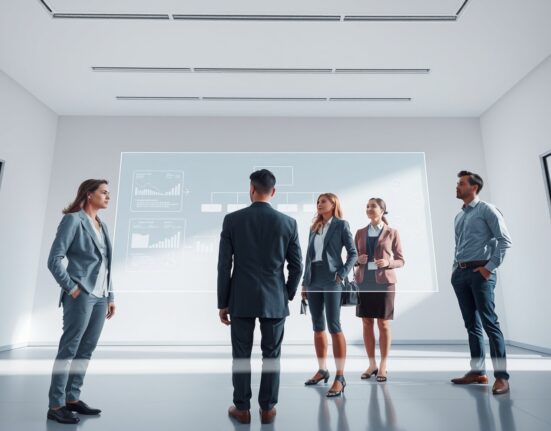 Professionals in an office considering a holographic AI management interface, representing the poll on algorithmic bosses.