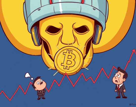 Cartoon illustration of AI bubble threatening Bitcoin price correlation with stock markets