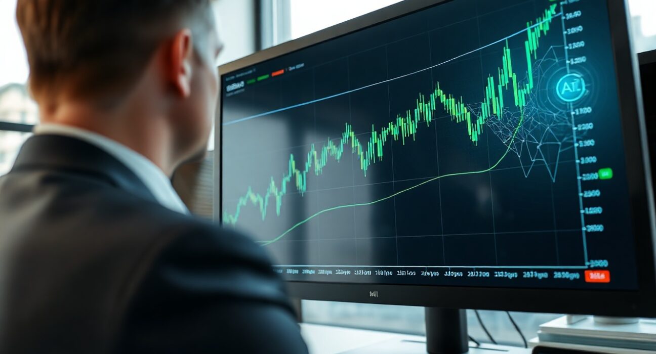 Digital chart showing upward trend for AI-related cryptocurrencies in a trading office