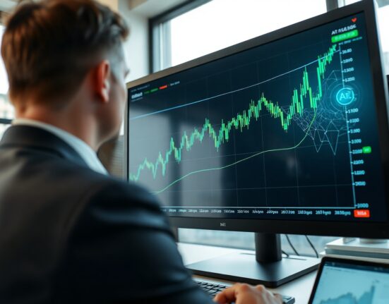 Digital chart showing upward trend for AI-related cryptocurrencies in a trading office