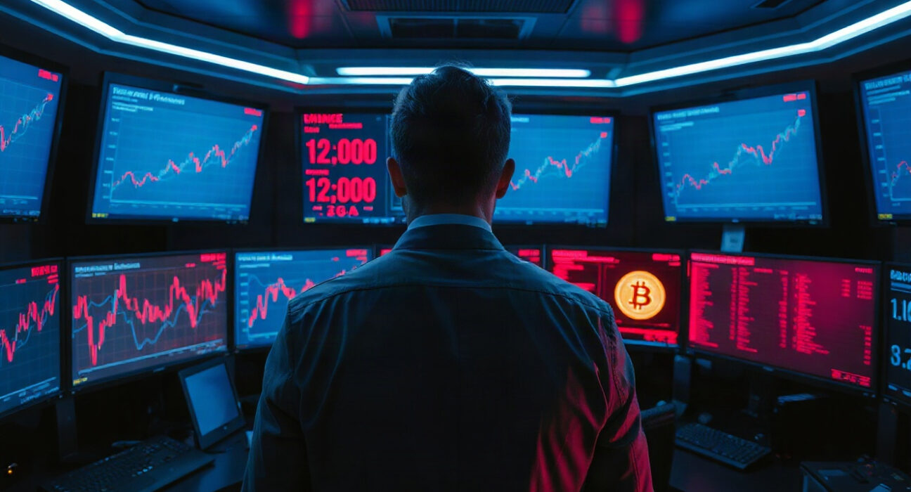Analyst monitoring screens showing rising AI-related crypto crime statistics in a cybersecurity operations center.