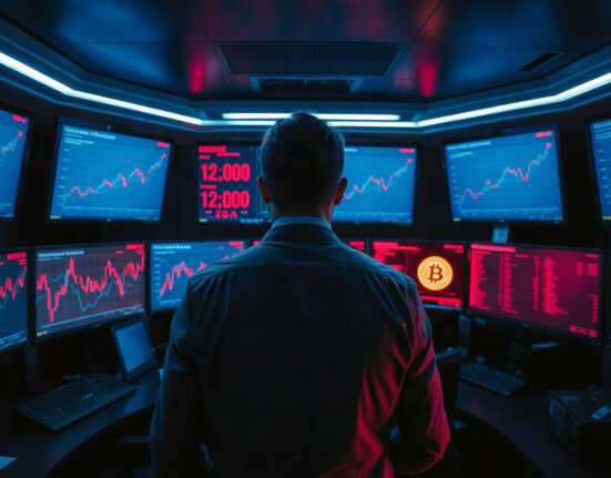 Analyst monitoring screens showing rising AI-related crypto crime statistics in a cybersecurity operations center.