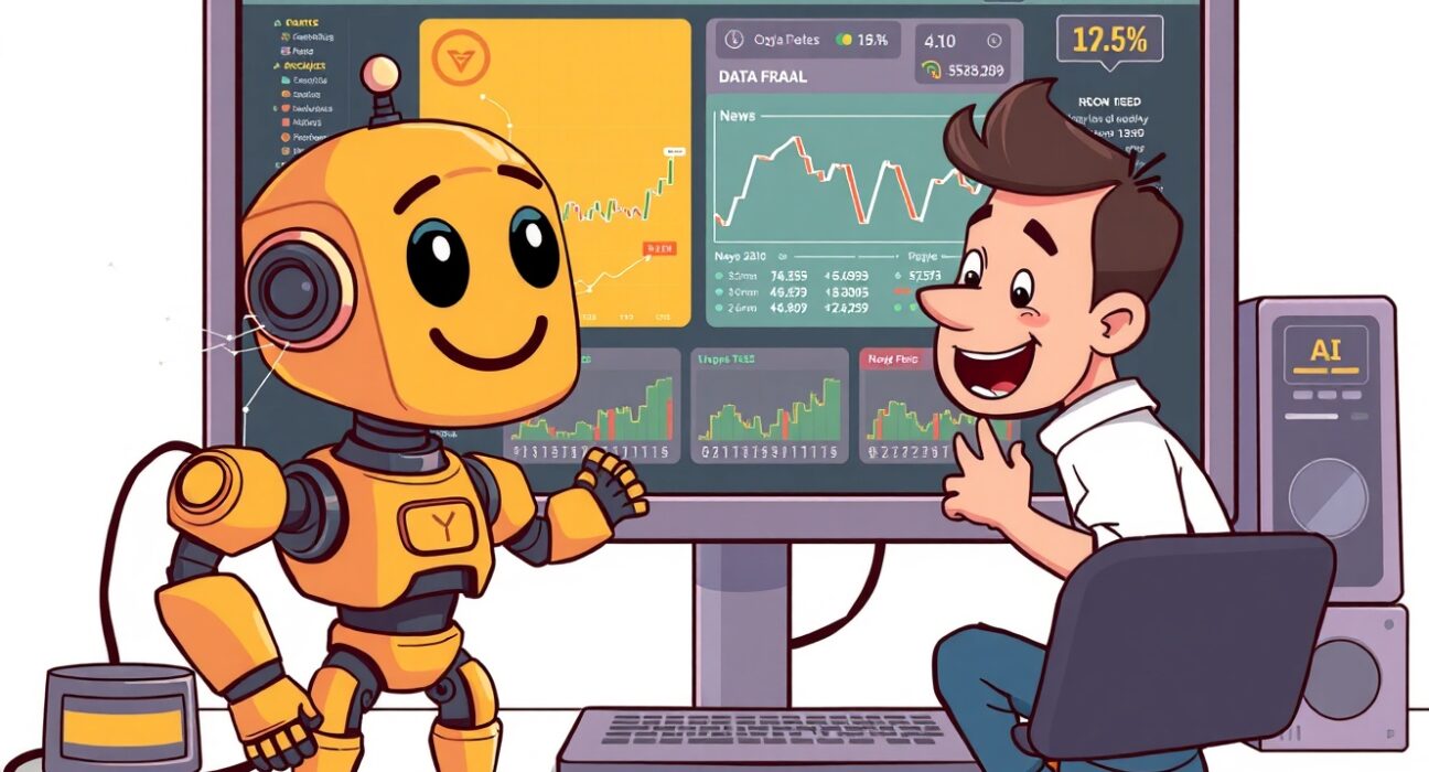 A cartoon robot and person interacting with a screen displaying AI crypto news and real-time market data.