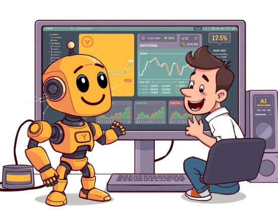 A cartoon robot and person interacting with a screen displaying AI crypto news and real-time market data.