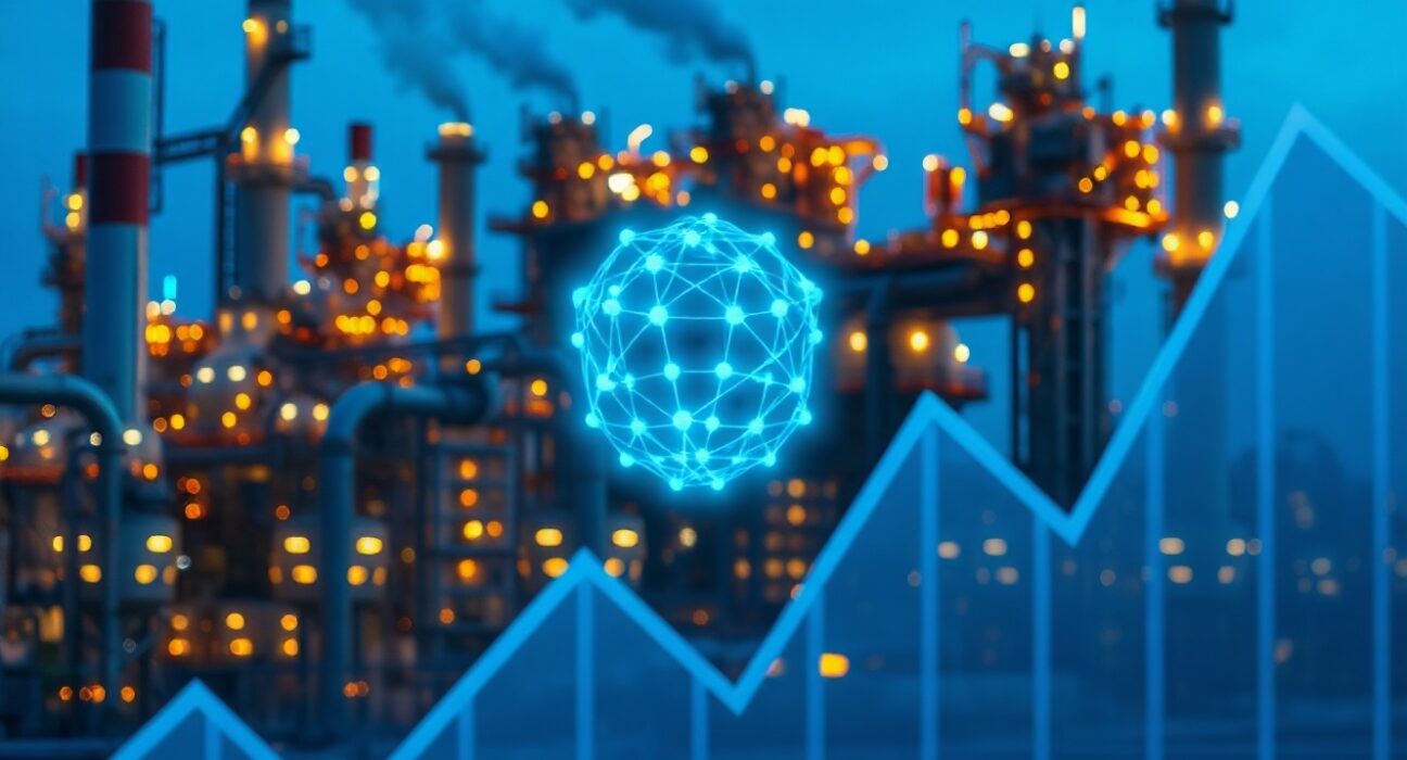 AI neural network integrated with oil refinery and financial district, representing impact on core inflation