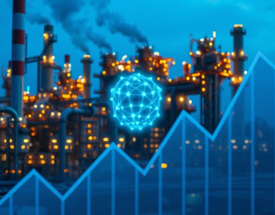 AI neural network integrated with oil refinery and financial district, representing impact on core inflation