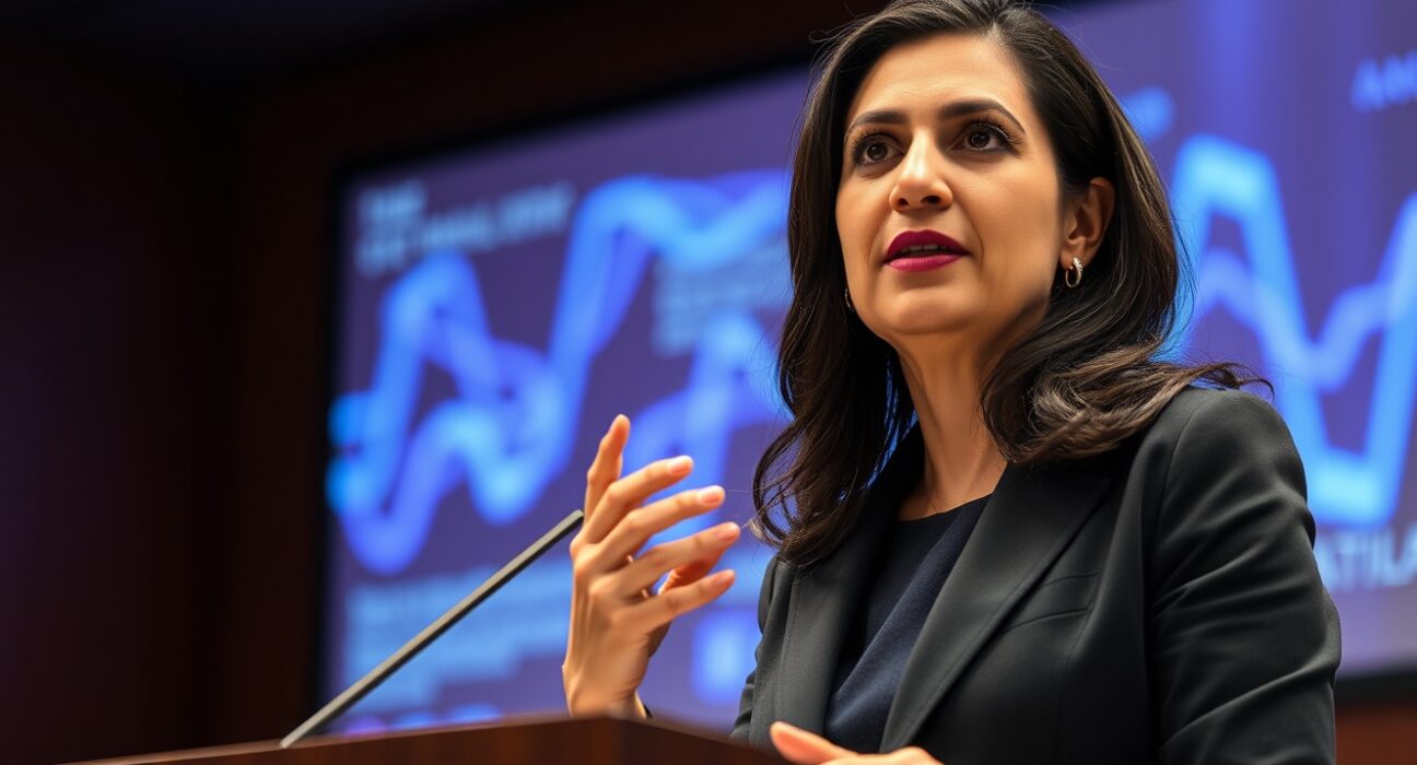 Dr. Rana el Kaliouby discussing AI diversity and the economic gap for women at a tech conference.