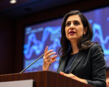 Dr. Rana el Kaliouby discussing AI diversity and the economic gap for women at a tech conference.