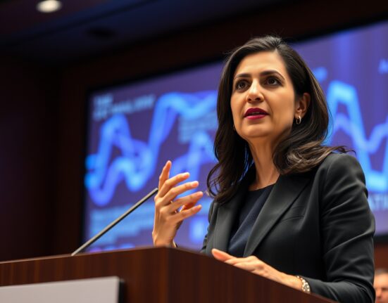 Dr. Rana el Kaliouby discussing AI diversity and the economic gap for women at a tech conference.