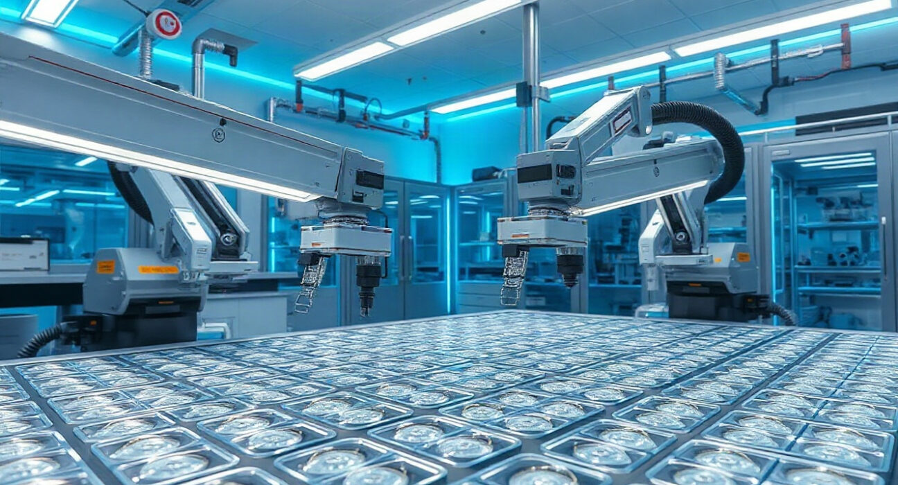 Robotic arms in a modular lab at Vivodyne's human data center, processing tissue samples for AI drug discovery.