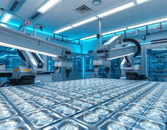 Robotic arms in a modular lab at Vivodyne's human data center, processing tissue samples for AI drug discovery.