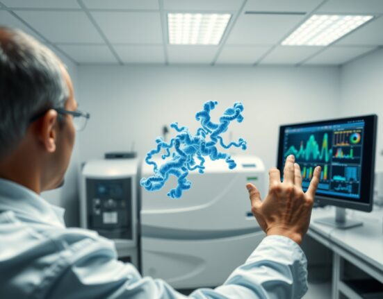 AI-powered protein characterization for faster drug discovery in a biotech lab.