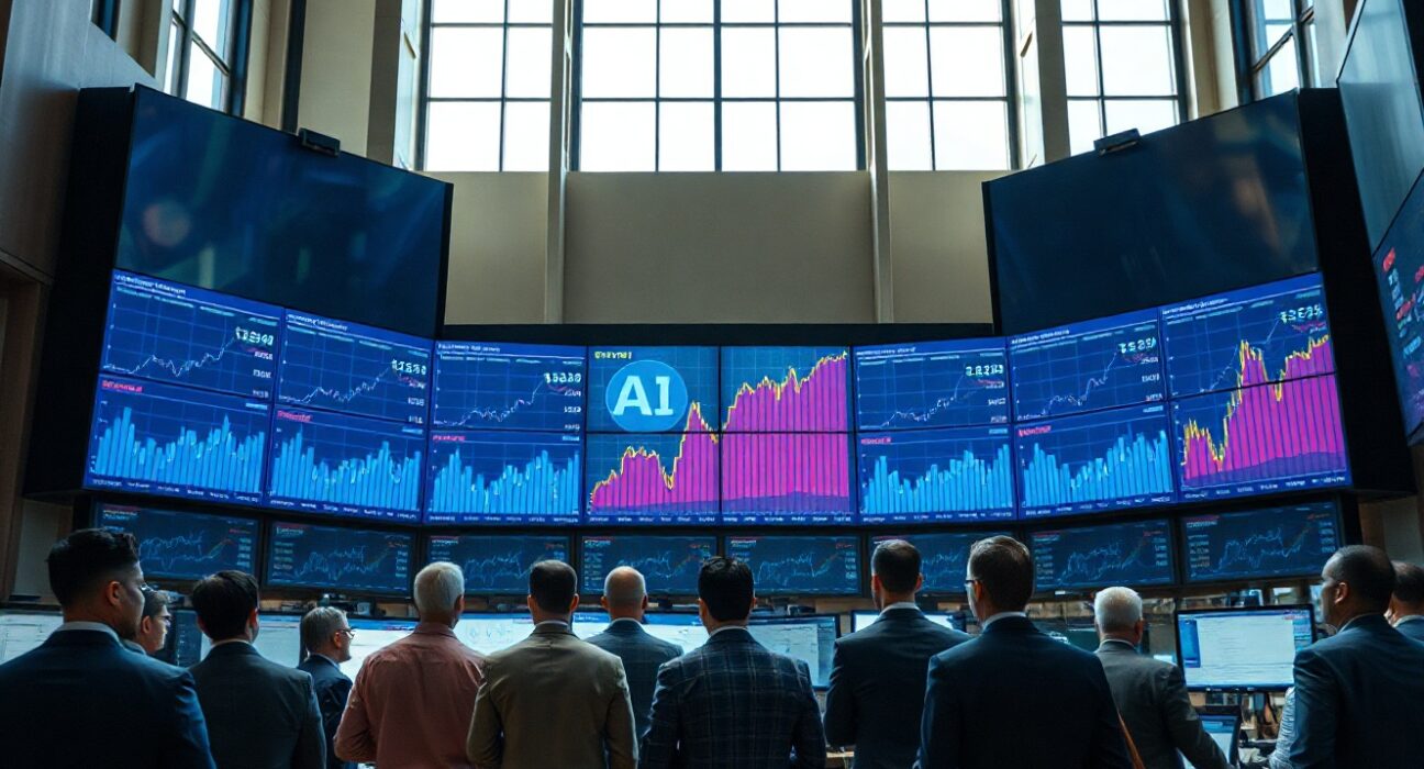 Traders on a stock exchange floor watching AI earnings-driven market gains on screens