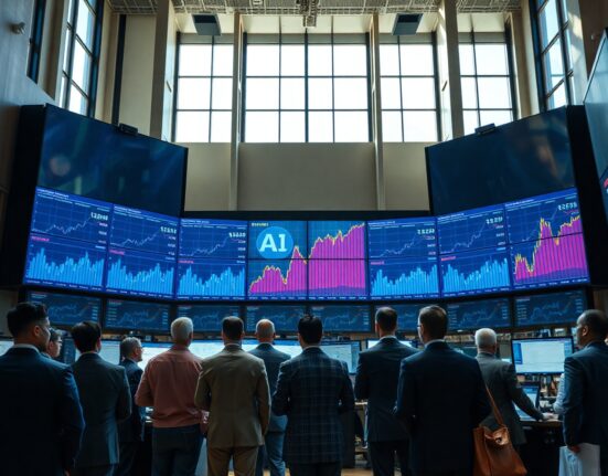 Traders on a stock exchange floor watching AI earnings-driven market gains on screens