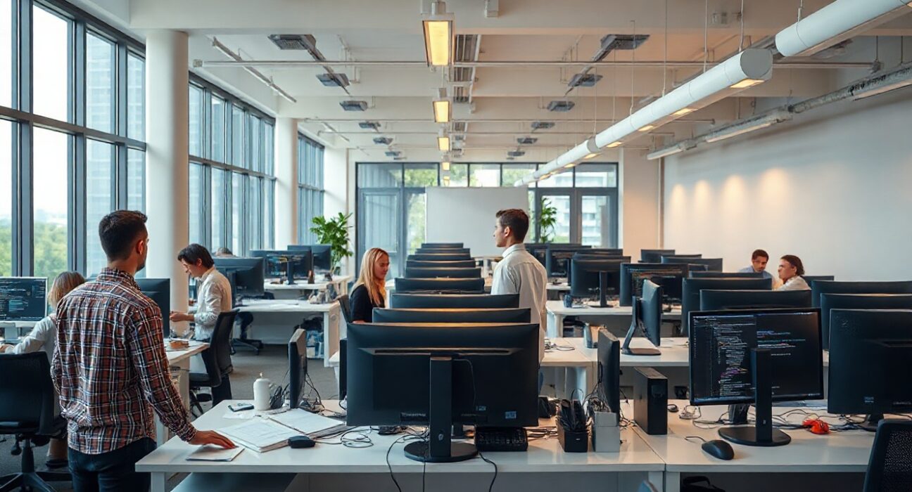 Software engineers working in a modern open-plan office with natural daylight and collaborative atmosphere.