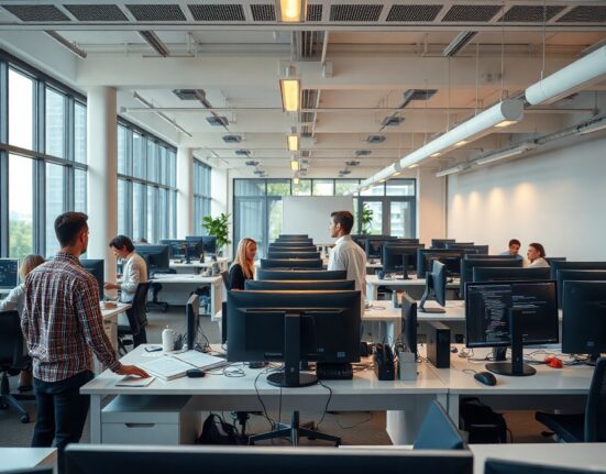 Software engineers working in a modern open-plan office with natural daylight and collaborative atmosphere.
