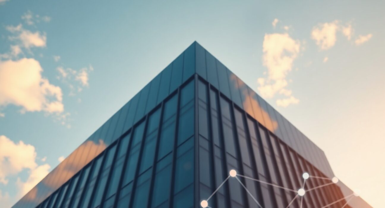 Modern corporate office building representing AI Financial Corp. with subtle digital overlay