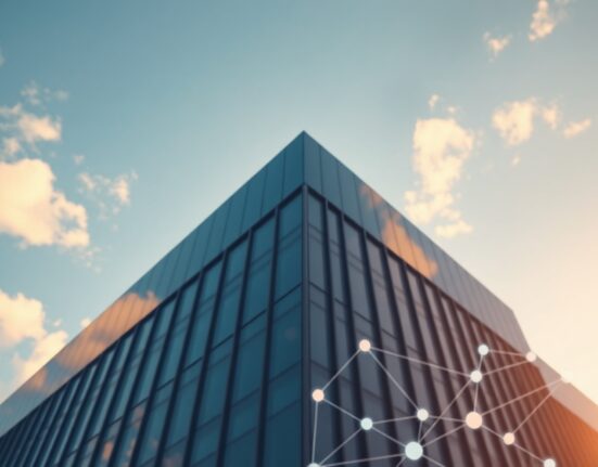 Modern corporate office building representing AI Financial Corp. with subtle digital overlay